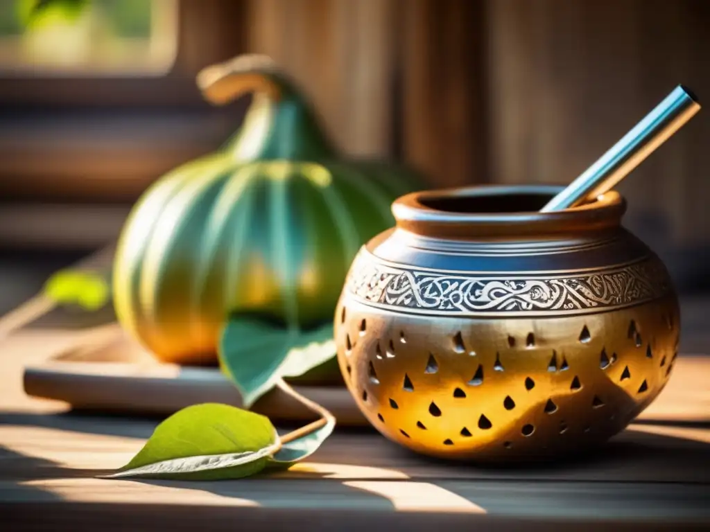 Tradición del mate en cumbres internacionales: Imagen nostálgica de una tradicional mate gourd y bombilla en una mesa de madera rústica