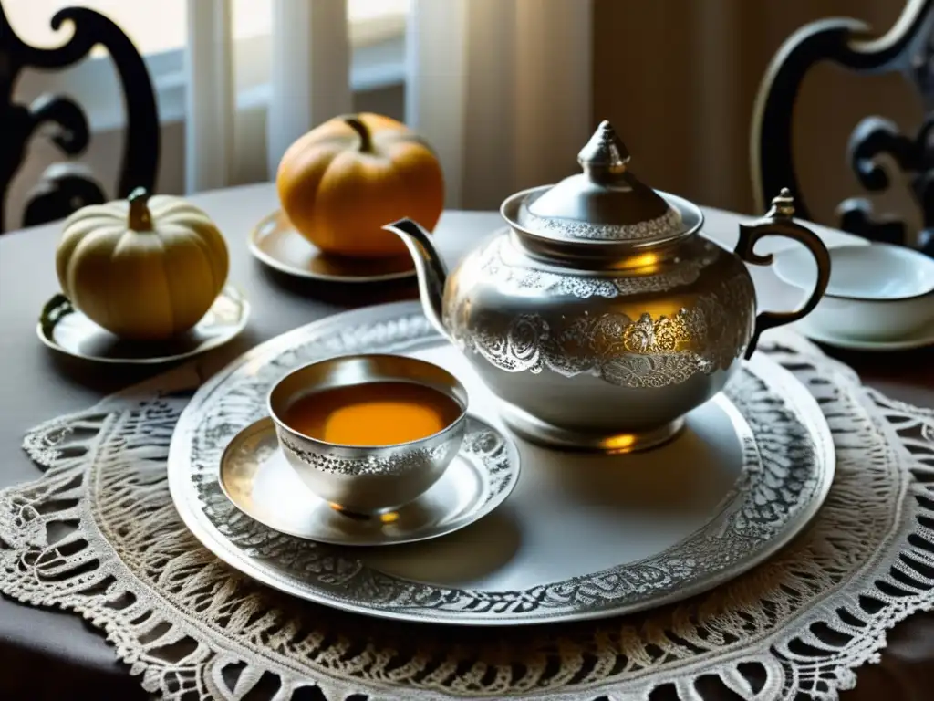 Tradición del mate en cumbres internacionales: Mesa redonda con mantel blanco, tazas de plata antigua, mate de plata, luz natural