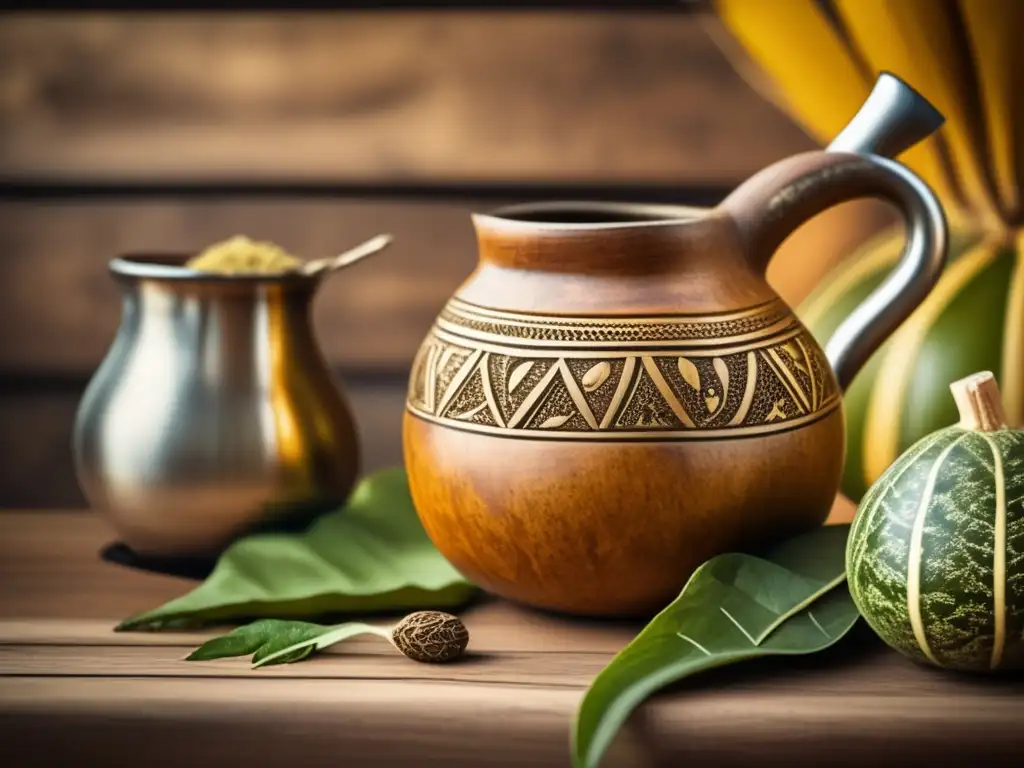 Mate para deportistas: imagen vintage de mate con hojas de yerba, gourd tallado y objetos deportivos antiguos