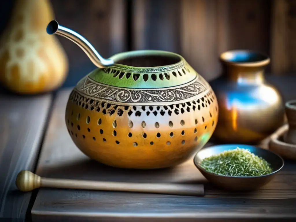 Gourd and bombilla de mate con detalles tallados, sobre mesa de madera envejecida