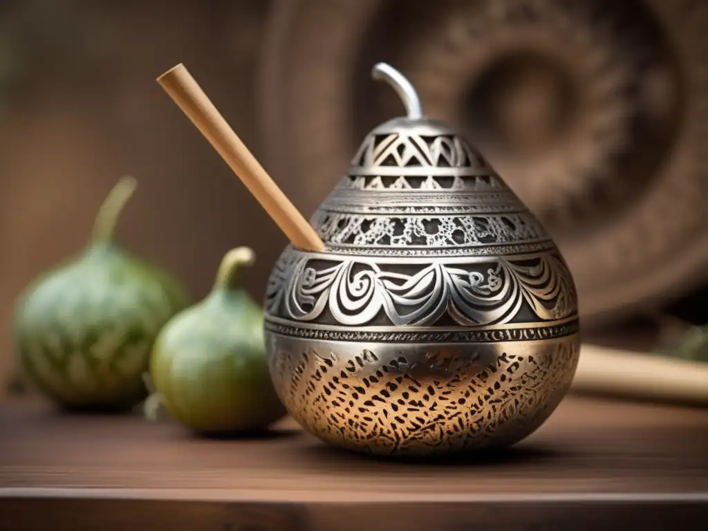 Mate gourd con detalles tradicionales, yerba mate aromática y cultura rioplatense: influencia y sabor