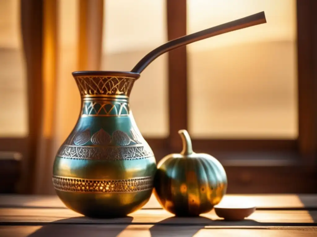 Tradición del mate en la diáspora: Mate gourd, bombilla, y tazas de yerba mate en una escena vintage