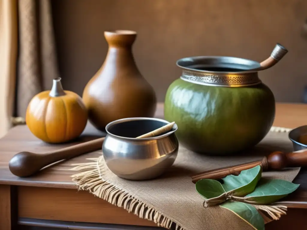 Tradición del mate en la diáspora: escena vintage con mesa de madera, mate y bombilla, manos vertiendo agua, nostalgia y herencia cultural