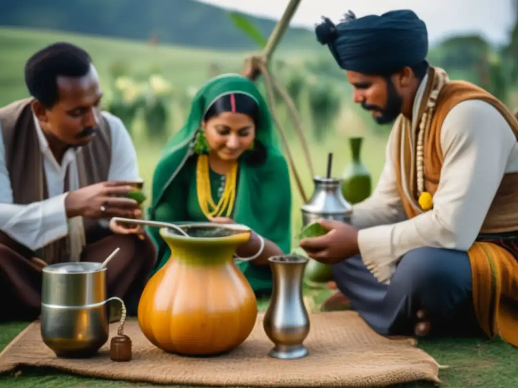 Tradición del mate en la diáspora: grupo de personas en ritual alrededor de una mesa con mate, naturaleza y conexión