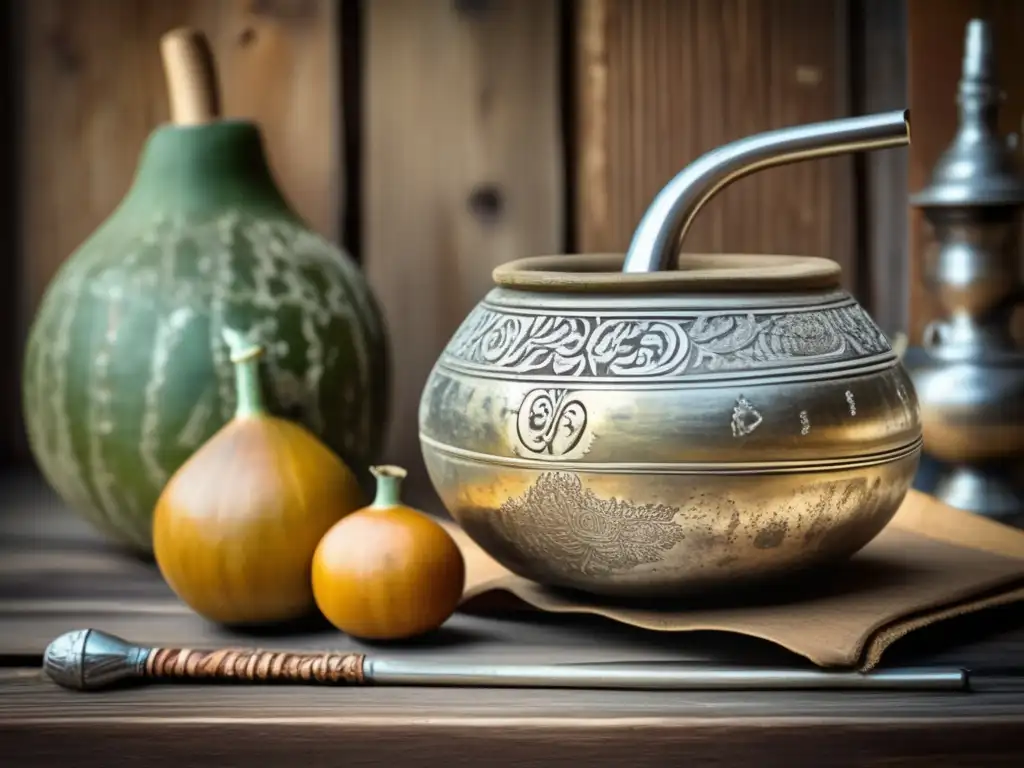 Tradición del mate en la diáspora: Mate, bombilla y fotos antiguas en mesa de madera envejecida, evocando nostalgia y conexión