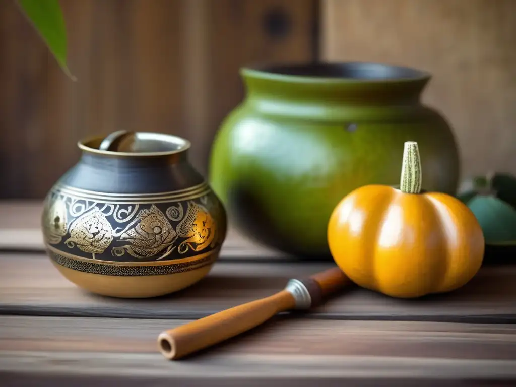 Tradición del mate en la diáspora: mate gourd, bombilla, mesa de madera rústica, accesorios tradicionales y atmósfera nostálgica