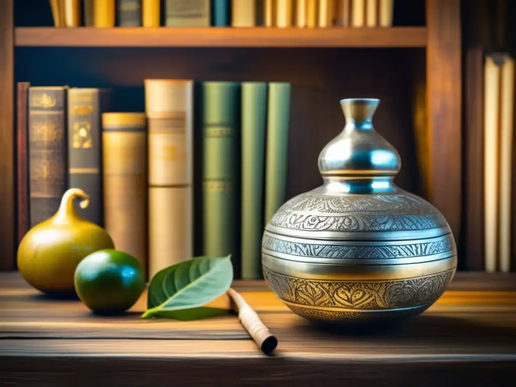 Tradición del mate en la diáspora: mate de plata con grabados en mesa de madera rodeada de libros antiguos