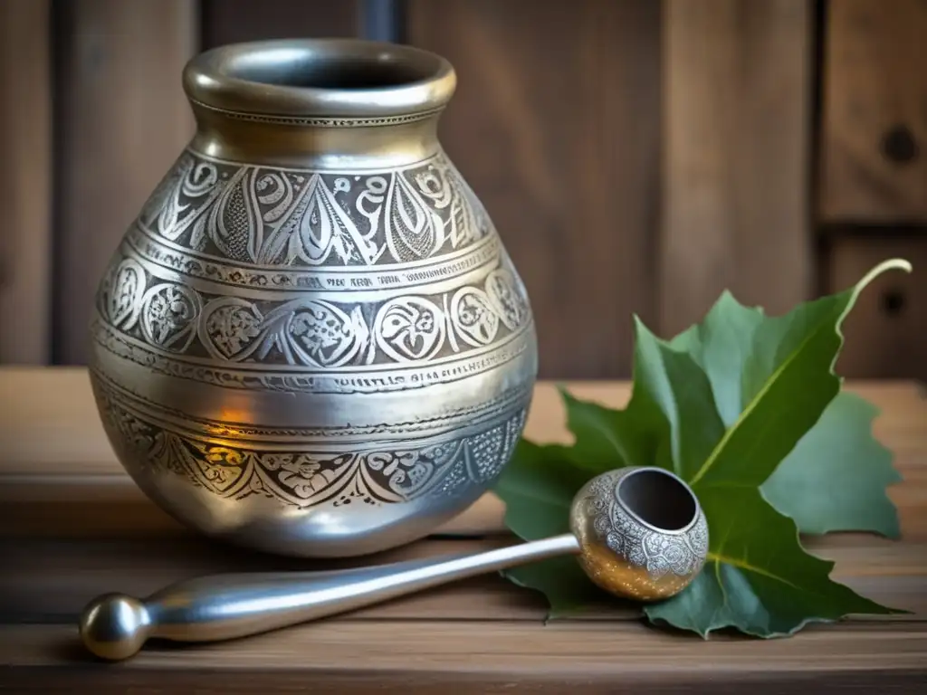 Tradición del mate en la diáspora: Gourd de plata vintage con bombilla, mesa rústica y yerba mate