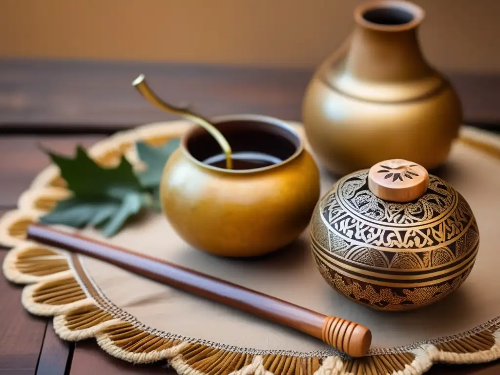 Mate gourd vintage con diseño tradicional y mate de yerba, simbolizando amistad y nanotecnología en agricultura del mate