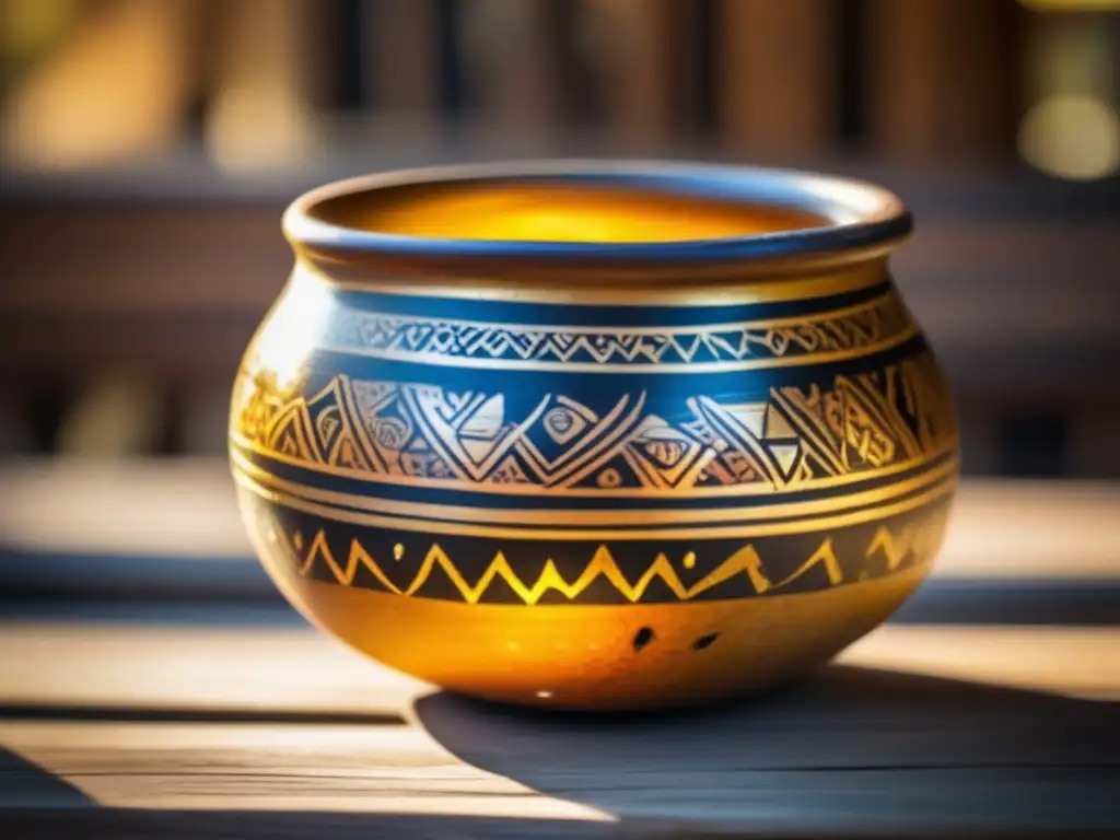 Un mate Guarani con diseños indígenas, lleno de yerba mate humeante, sobre una mesa de madera en un paisaje verde