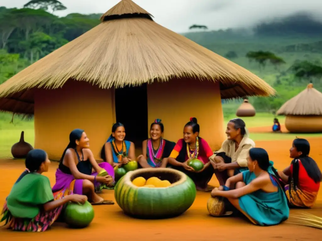 Tradición del mate dulce en una aldea Guarani rodeada de naturaleza exuberante, donde se comparte en círculo un mate dulce entre colores y aromas