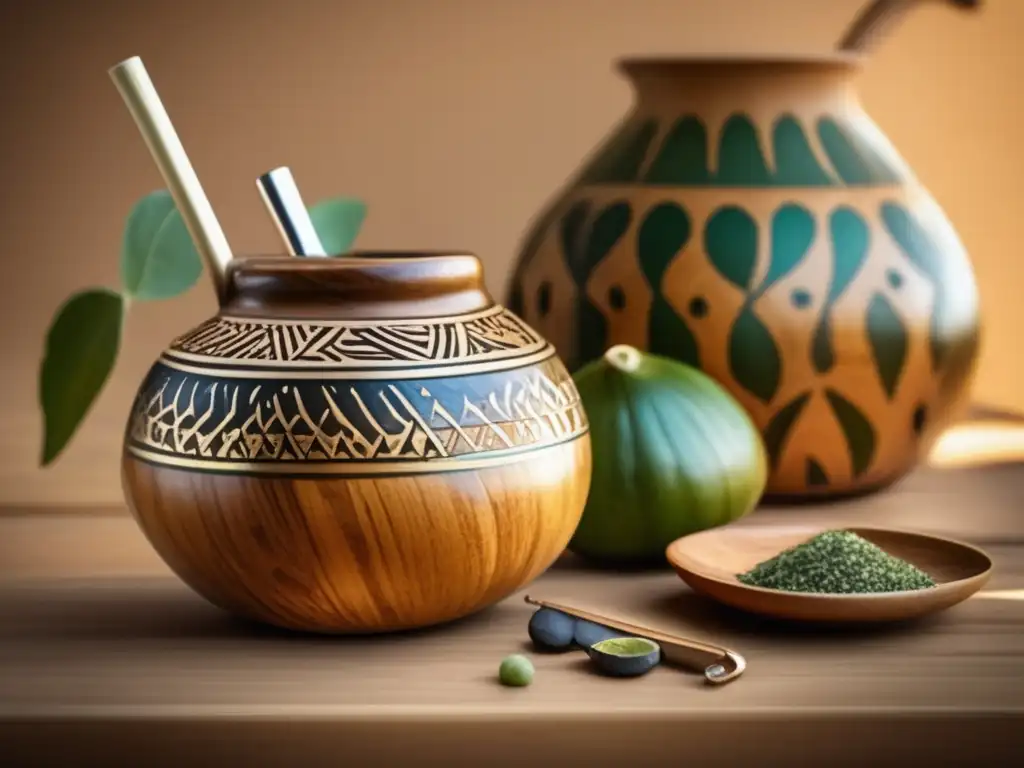 Preparar mate dulce en casa - Mesa de madera con mate tradicional, galletas de azúcar y luz cálida