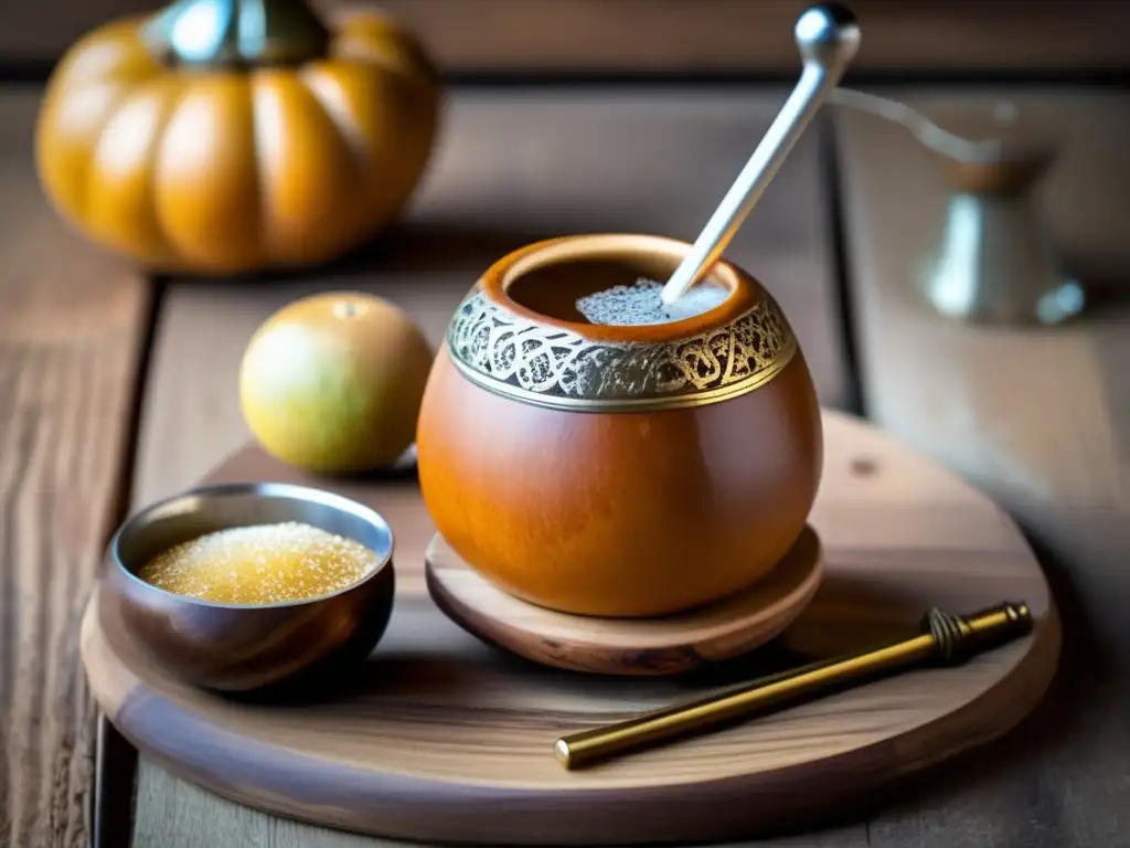 Preparar mate dulce en casa: Mate tradicional con gourd tallado y bombilla de metal en mesa rústica de madera