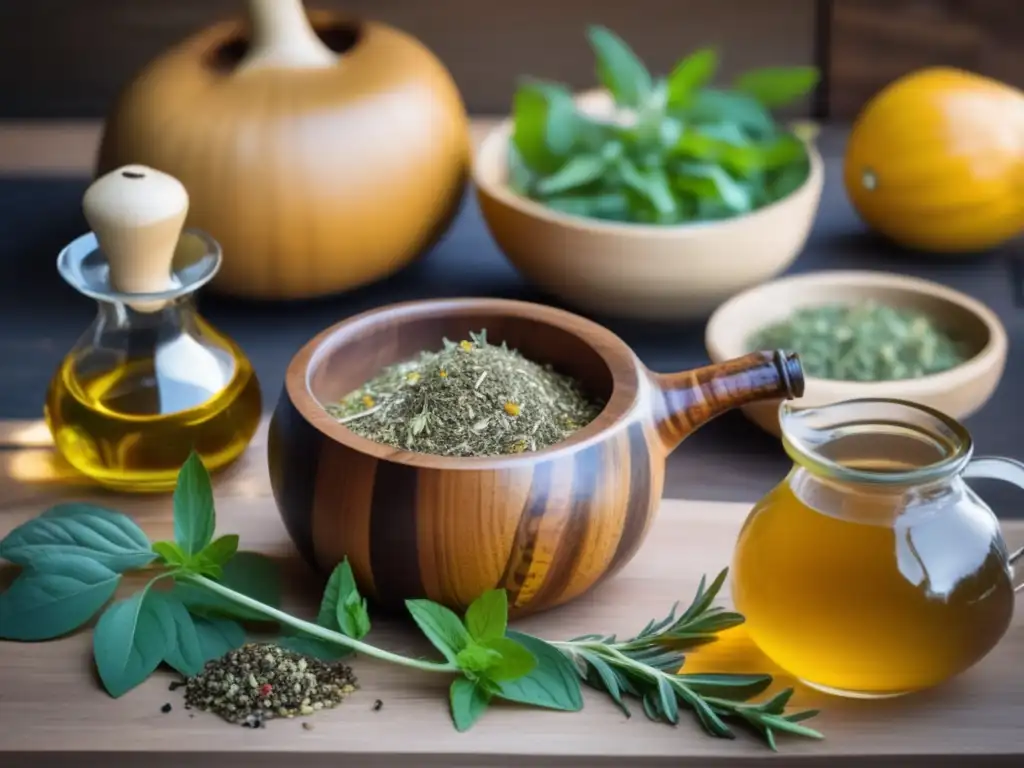 Infusión de mate dulce con hierbas aromáticas en mesa de madera vintage