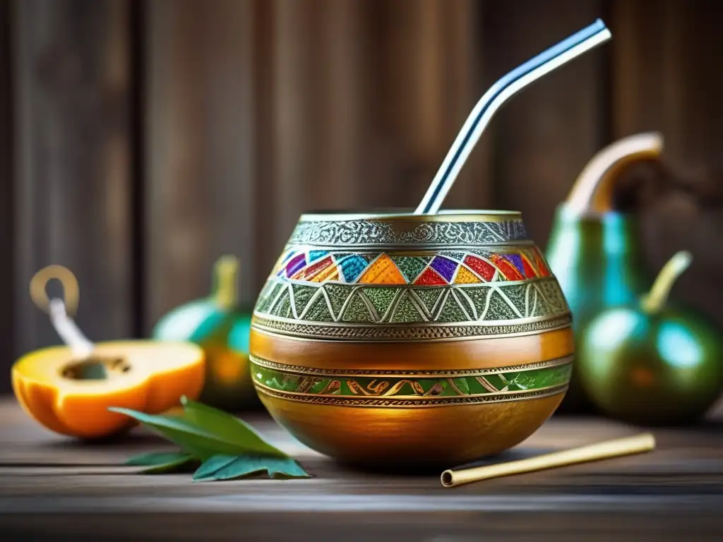 Mate ecológico sostenible en una imagen vintage de mate con bombilla en mesa de madera