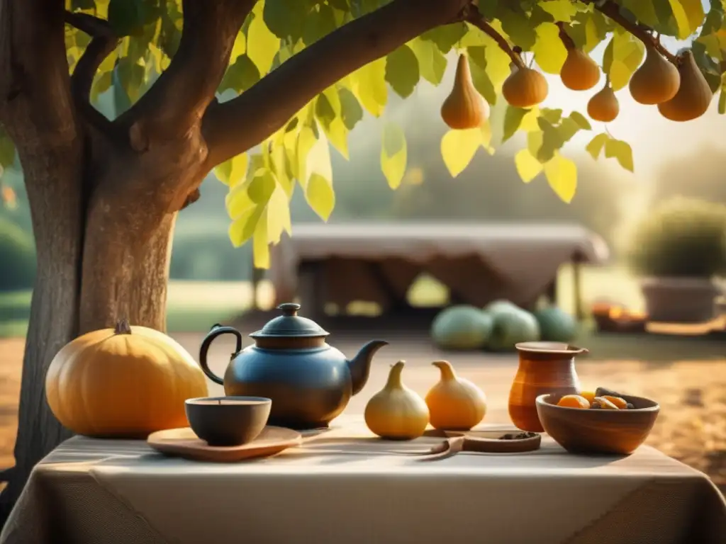 Tradición del mate en Brasil: Escena acogedora en el campo brasileño con una mesa de madera rústica bajo un gran árbol sombreado