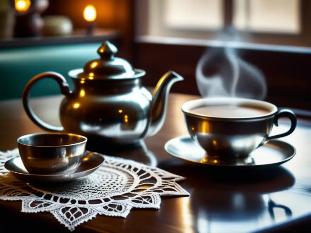 Tradición del mate fuera: escena nostálgica en un café vintage con mesa de madera, mate de plata y libros antiguos