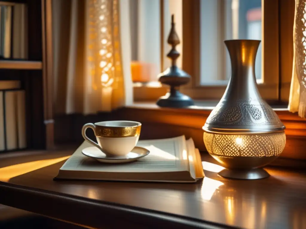 Tradición del mate en la región - Escena vintage de un acogedor rincón de un café argentino, con luz dorada y cortinas de encaje