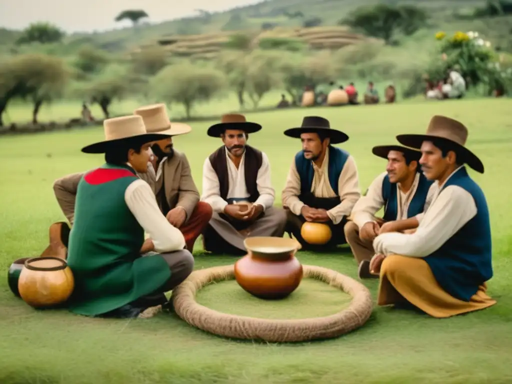 Tradición del mate en la región: escena vintage de un círculo de mate rodeado de naturaleza, gauchos, conversación animada y camaradería