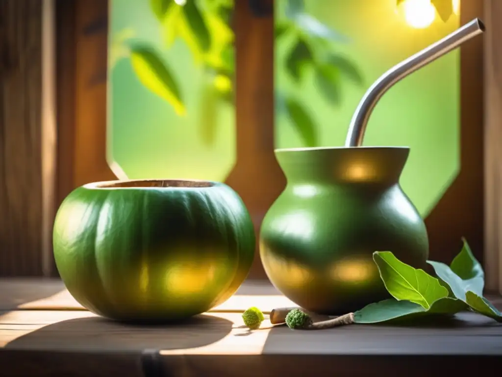 Preparar mate para eventos especiales en una imagen vintage de mate y bombilla en una mesa de madera rústica, con luz cálida y ambiente acogedor