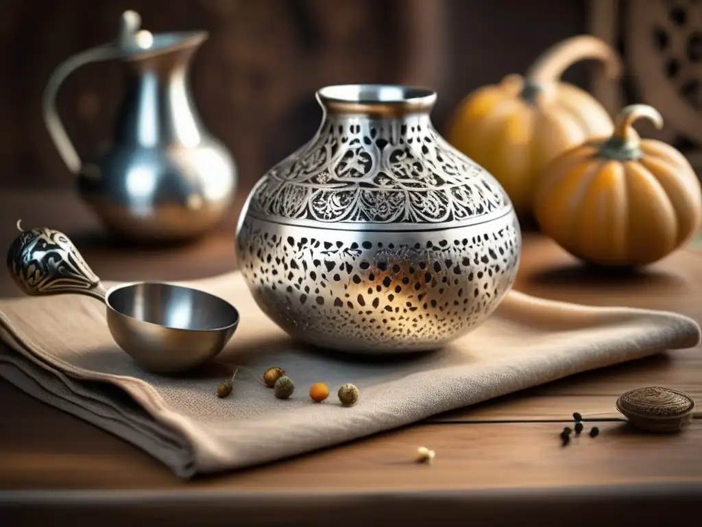 Tradición del mate en eventos sociales: gourd y bombilla vintage en mesa rústica con diseño floral y hojas de yerba mate