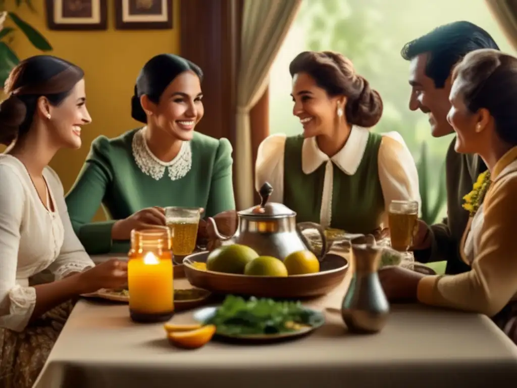 Tradición del mate en eventos sociales - Familia reunida en una escena vintage alrededor de una mesa decorada con mate y vajilla antigua