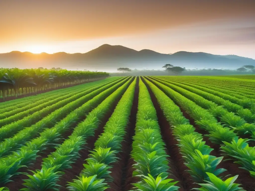 Plantación de mate exuberante al amanecer con suelo rico en nutrientes