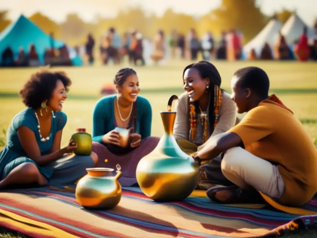 Tradición mate en festivales internacionales: jóvenes compartiendo mate en un festival al aire libre