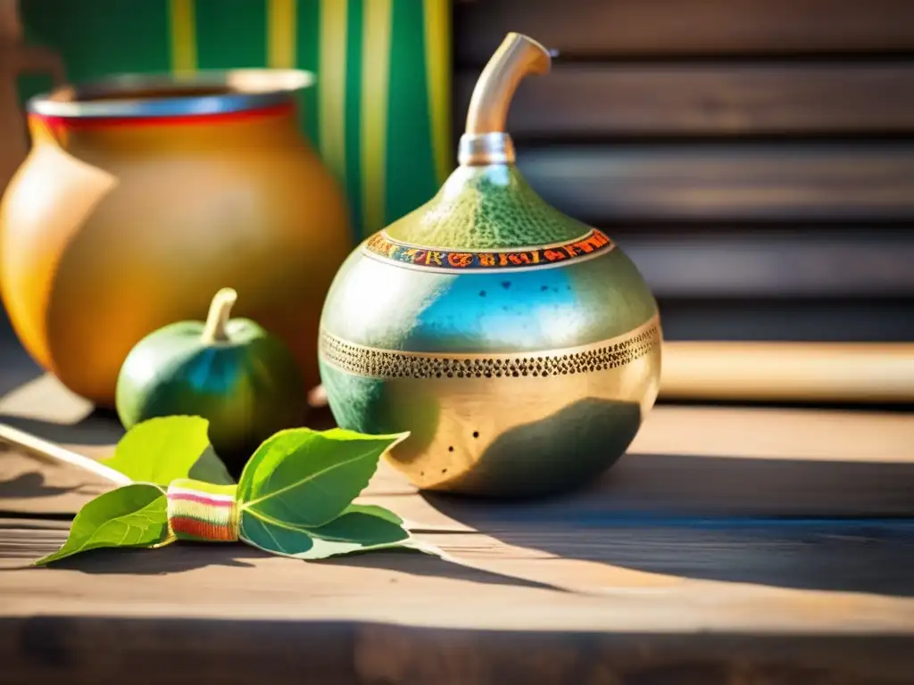 Tradición del mate en festivales internacionales: gourd mate, bombilla, festival wristbands, rustic wooden table, sunlight, history