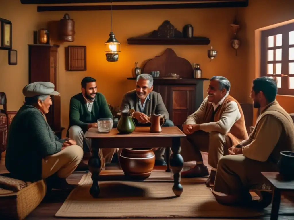 Tradición del mate en Argentina: reunión generacional alrededor de una mesa de mate en una acogedora sala con muebles antiguos y acentos de madera