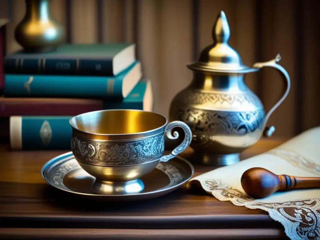 Mate histórico rodeado de libros y manuscritos
