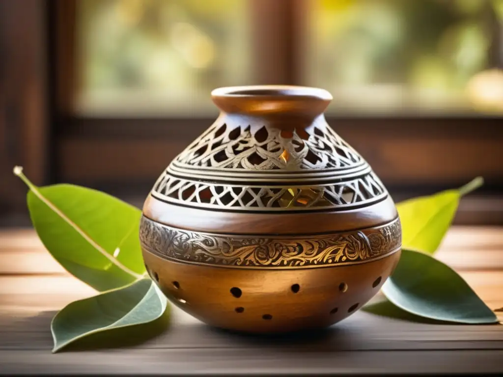 Tradición del mate: una imagen detallada de una mate de madera vintage y una bombilla en una mesa rústica rodeada de hojas de yerba mate