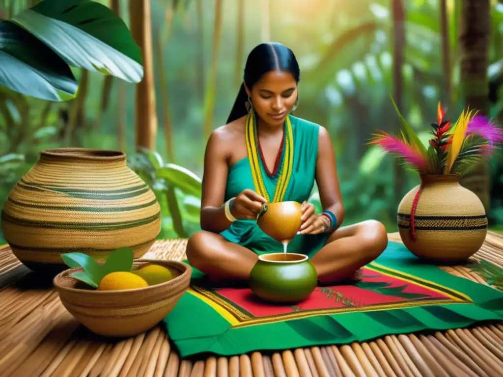 Tradición del mate en Brasil: imagen de una mujer guaraní preparando mate en un exuberante bosque lluvioso rodeada de naturaleza y flores tropicales