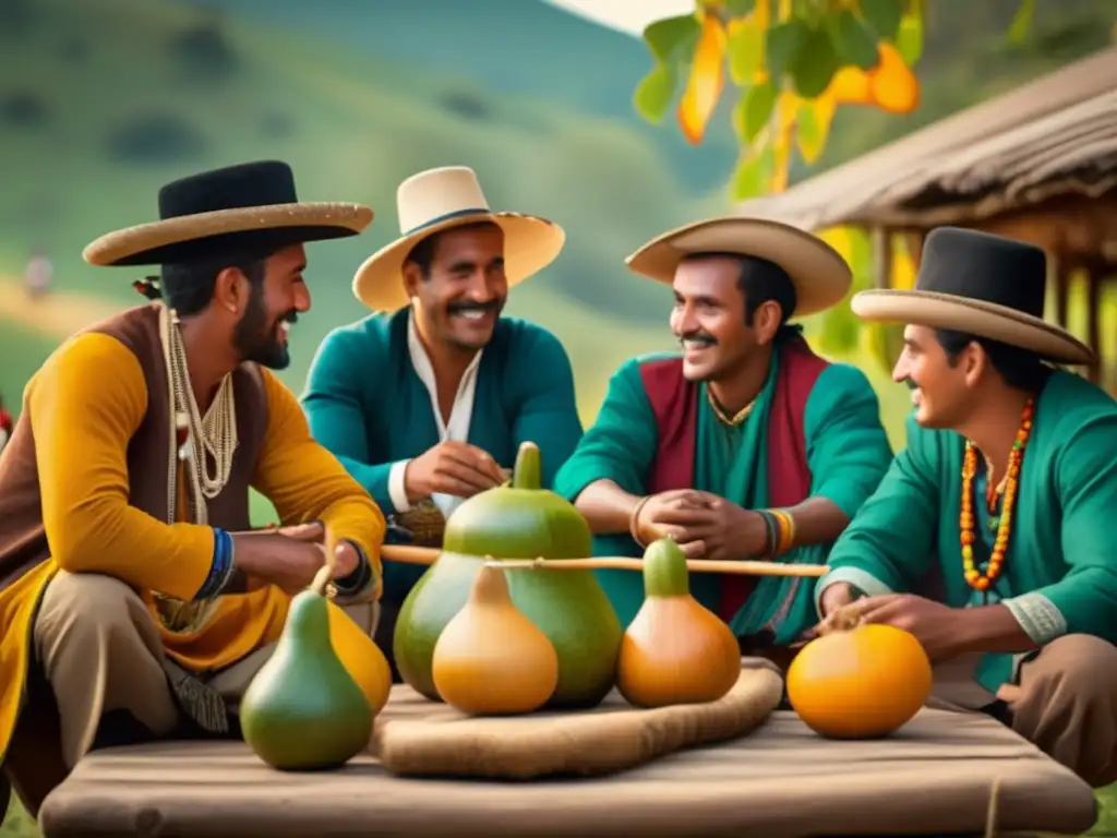 Tradición del mate: imagen vintage 8k que muestra mesa de madera rústica con mates y gauchos en conversación, rodeados de vegetación