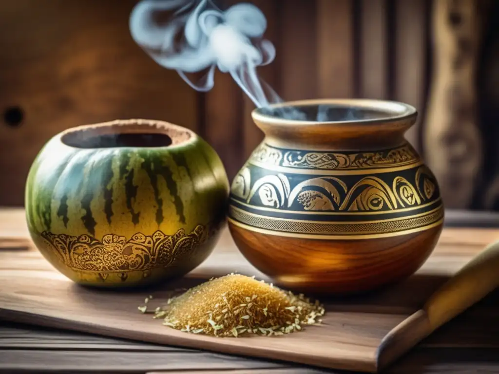 Tradición del mate en la región: una imagen vintage con mate, gourd, bombilla, mesa rústica y elementos históricos que resaltan la tradición ancestral