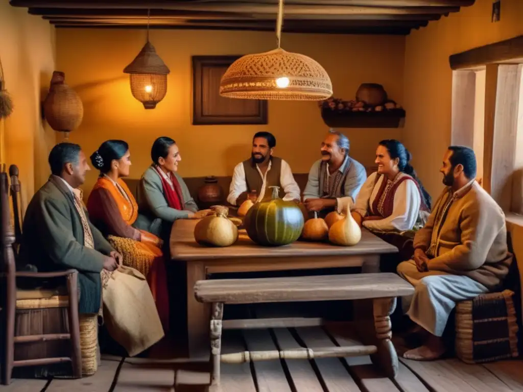 Tradición del mate en la región: una imagen vintage de una reunión tradicional de mate en la región de Rio de la Plata, con personas vestidas con atuendos tradicionales alrededor de una mesa de madera adornada con muebles rústicos y decoración tradicional