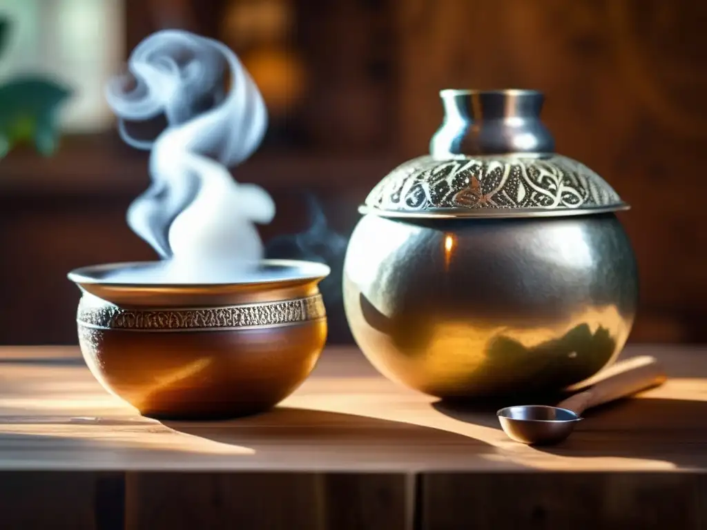 Mate gourd and bombilla with silver details on wooden table - Impacto del mate en la música popular