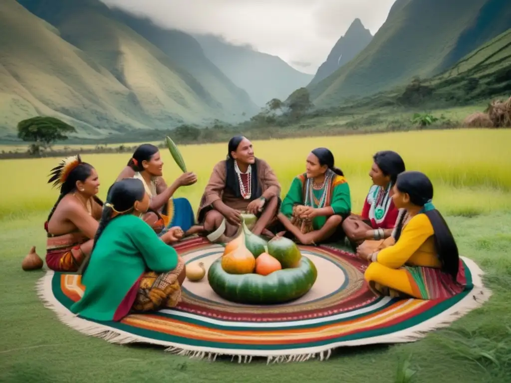 Tradición del mate en la región: reunión indígena en un campo verde rodeado de montañas, disfrutando del mate en un ambiente sereno y colorido