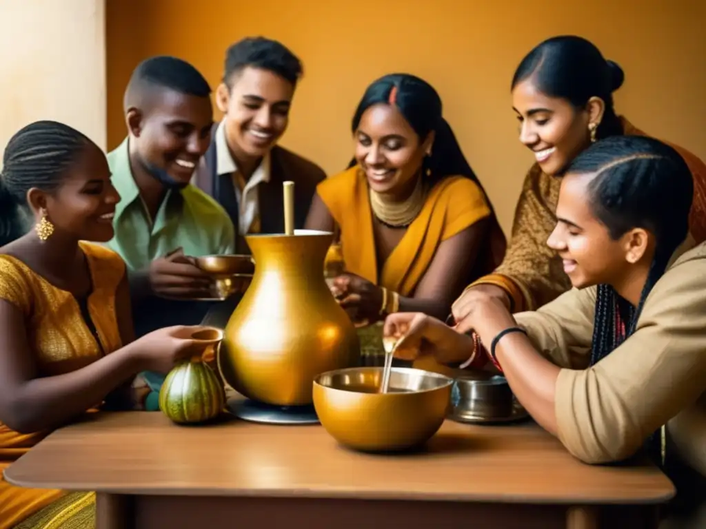 Tradición del mate en intercambio educativo: estudiantes diversos compartiendo ceremonia de mate