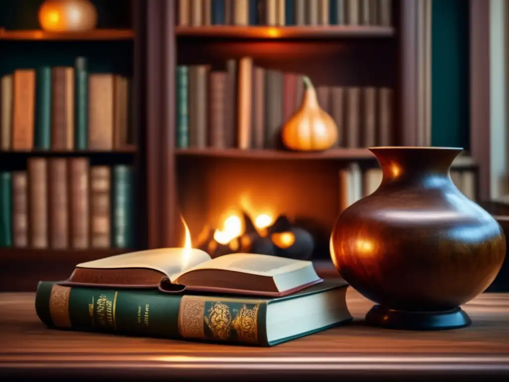 Tradición del mate en literatura: biblioteca acogedora con libros de cuero, chimenea y una gourd tallada con mate y clásicos literarios