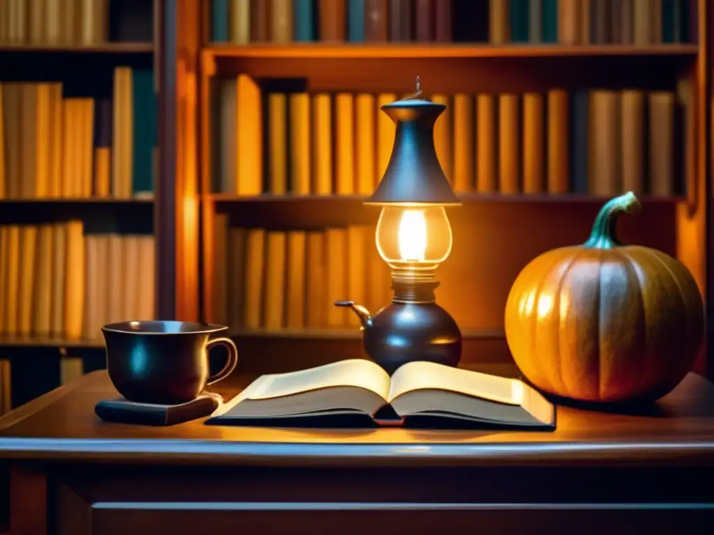 Tradición del mate en literatura: biblioteca vintage con libros antiguos, silla de cuero gastada, mesa de madera con mate y bombilla, iluminada por una lámpara de escritorio