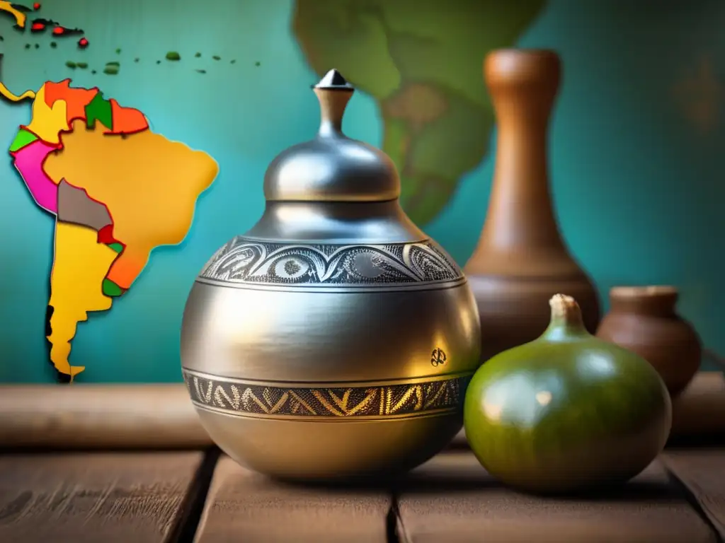 Tradición del mate en la literatura: Mate gourd y bombilla en mesa de madera con mapa de Sudamérica de fondo