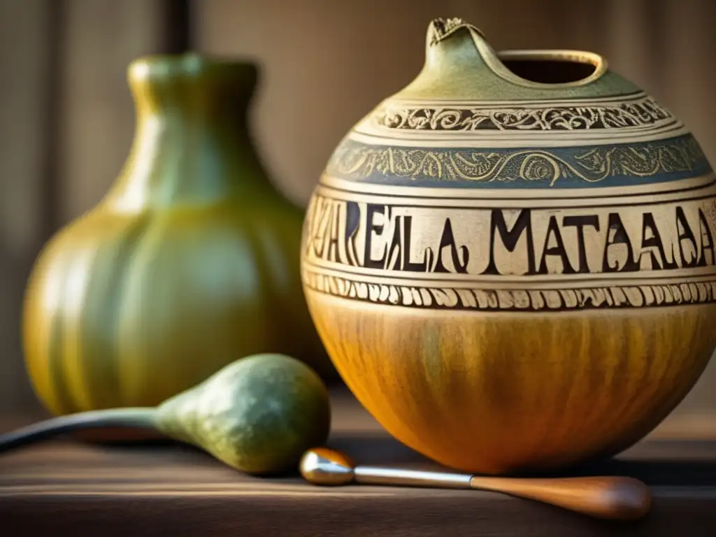 Tradición del mate en la literatura: mate gourd y bombilla vintage con detalles y motivos florales