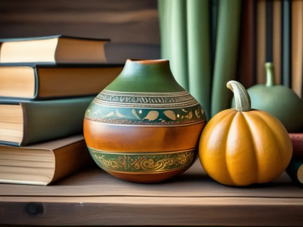 Tradición del mate en la literatura: Mate gourd con diseños pintados a mano en una mesa de madera junto a libros antiguos