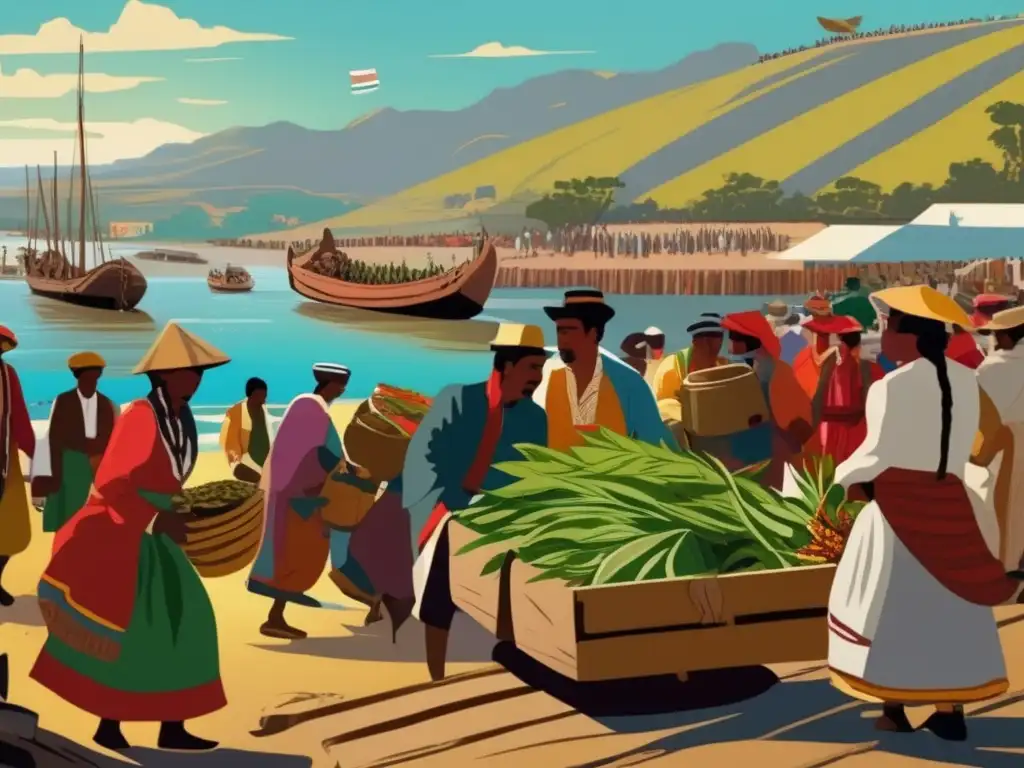 Tradición del mate en literatura: escena vintage del Río de la Plata, puerto bullicioso con barcos de madera, gente en trajes tradicionales descargando yerba mate de los barcos, paisaje pintoresco con colinas verdes y casas coloniales