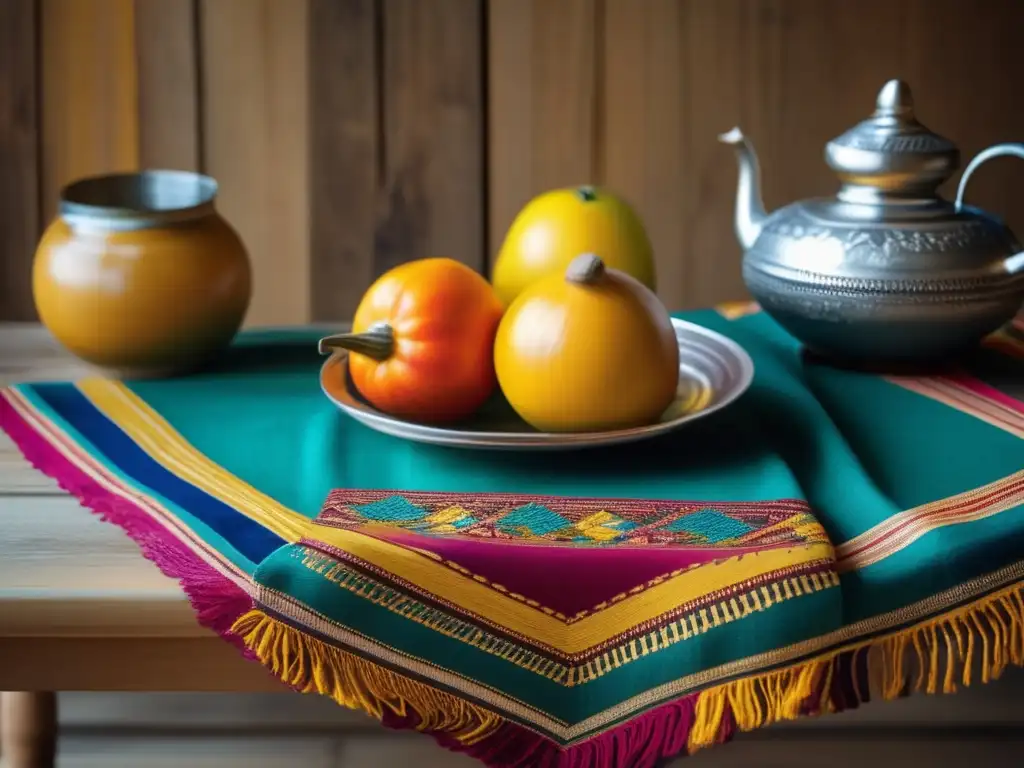 Tradición del mate en la literatura: Imagen vintage de una mesa de madera con manta tejida a mano