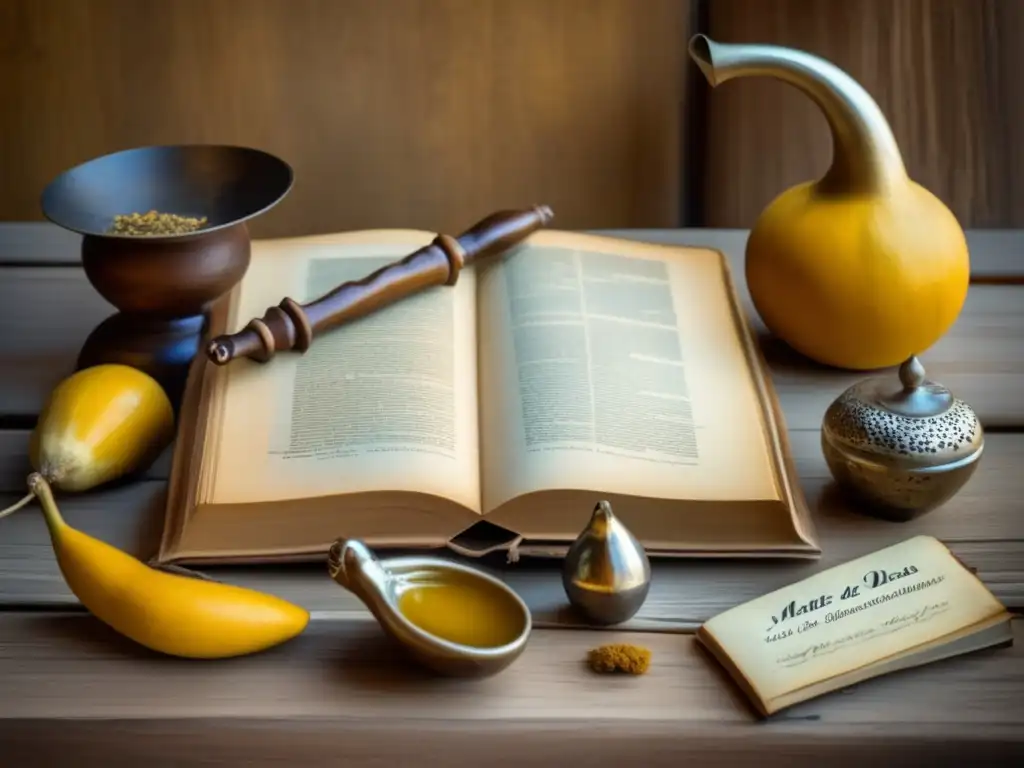 Tradición del mate en la literatura: Mesa antigua con mate, libros de poesía y rayos de sol dorados