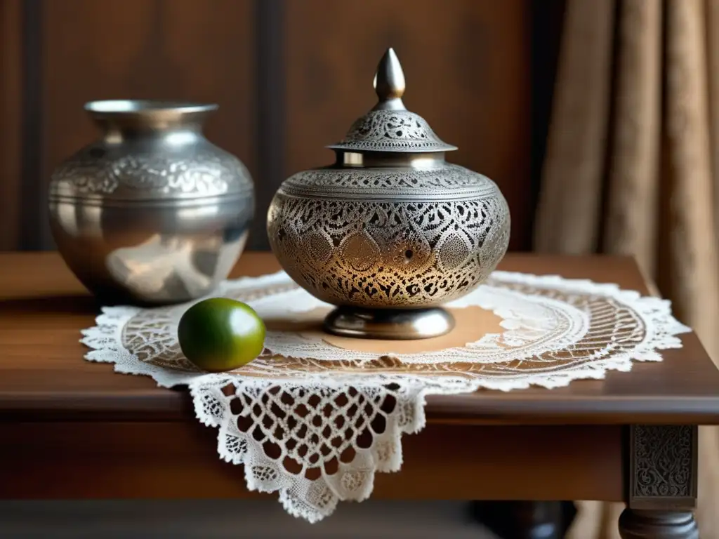 Tradición del mate en literatura: Mesa antigua de madera con mate y bombilla en plata y detalles de encaje