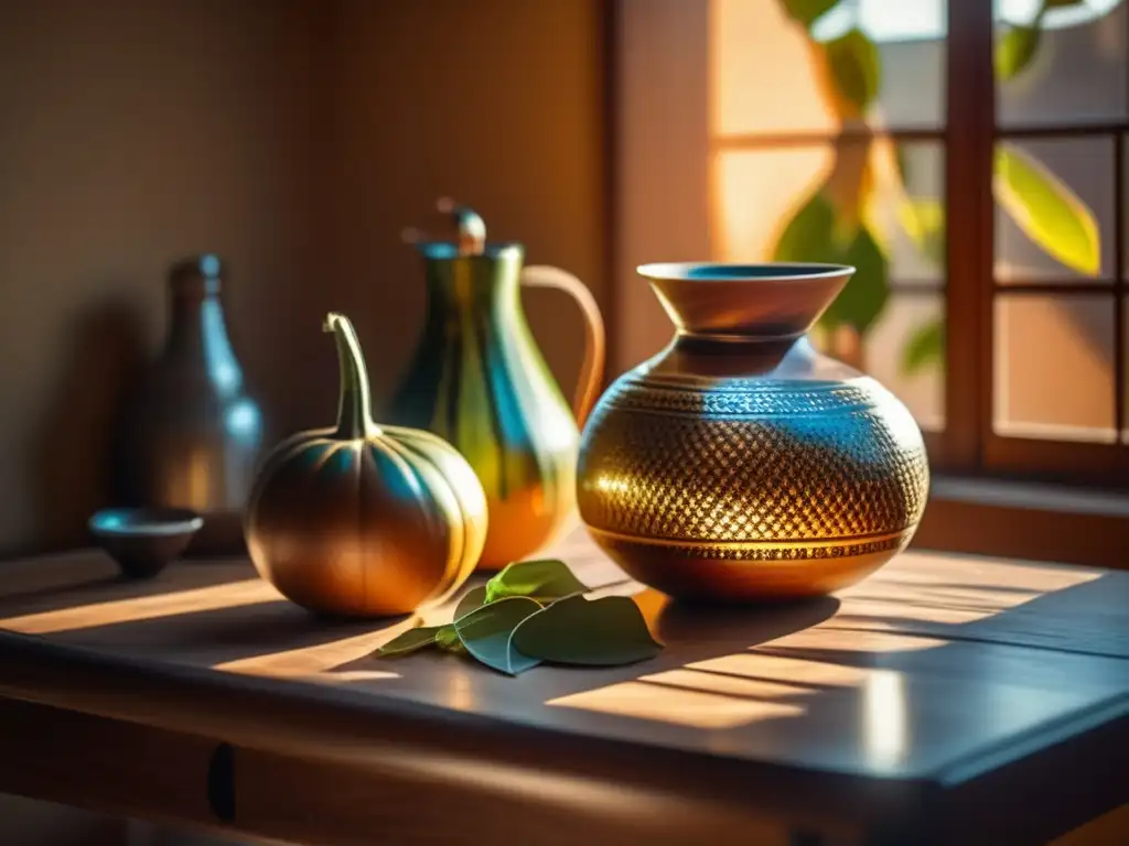 Tradición del mate en la literatura: mesa de madera con mate y libros antiguos