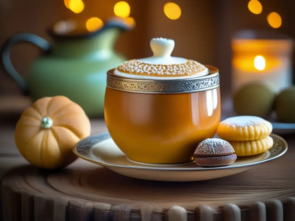 Tradición del mate en la literatura: mesa de madera elegante con mate, cup y alfajores, ambiente cálido y libros antiguos